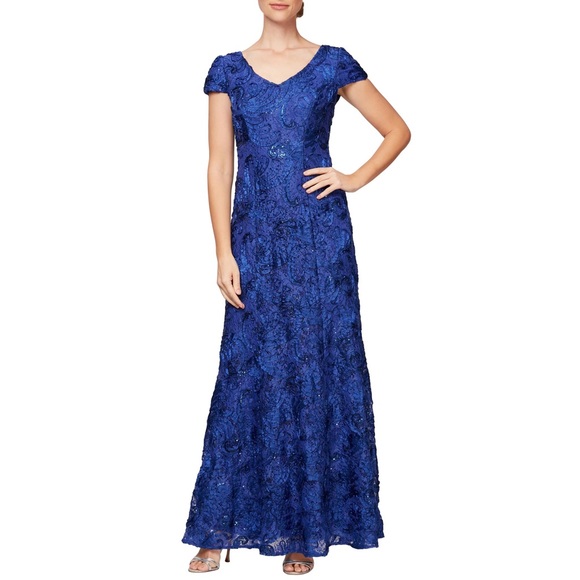 Alex Evenings V Neck Floral Lace Ribbon Rosette Round Neck Short Sleeve Gown - Picture 1 of 4